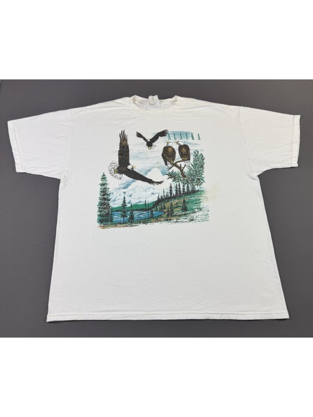 Rare Vintage 90s Alaska Eagle Nature Forest Earth Art White Shirt Jerzees Tag XL